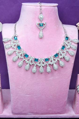 Green rhodium premium designer american diamond and stone work necklace set