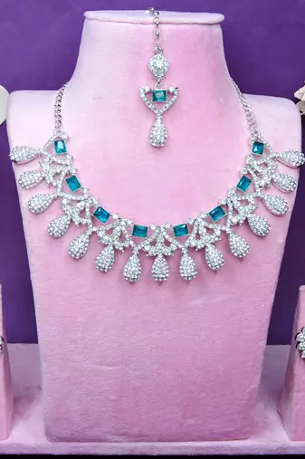 Green rhodium premium designer american diamond and stone work necklace set