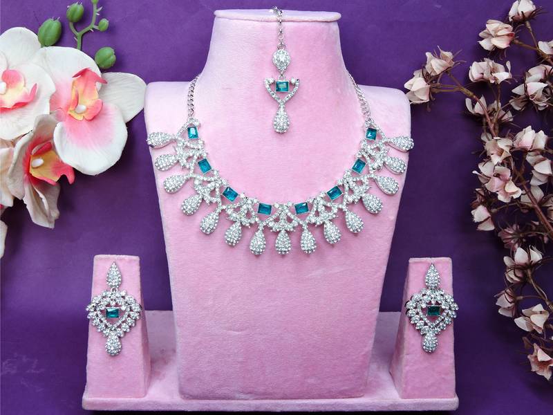 Green rhodium premium designer american diamond and stone work necklace set