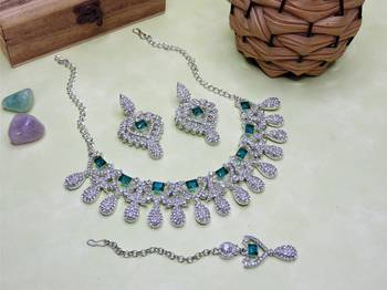 Green rhodium premium designer american diamond and stone work necklace set 2