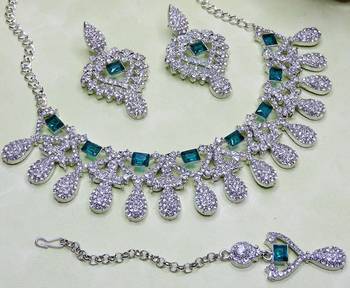 Green rhodium premium designer american diamond and stone work necklace set 3