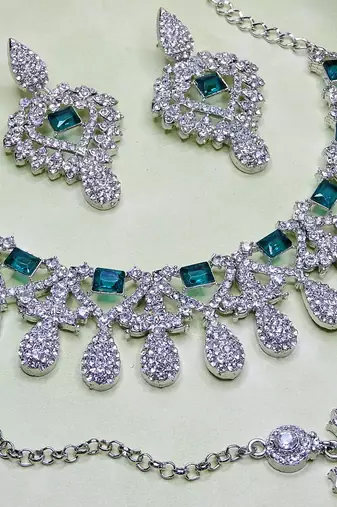 Green rhodium premium designer american diamond and stone work necklace set