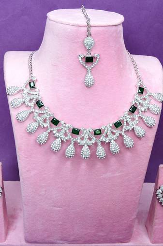 Green rhodium premium designer american diamond and stone work necklace set