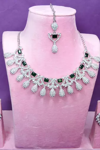 Green rhodium premium designer american diamond and stone work necklace set