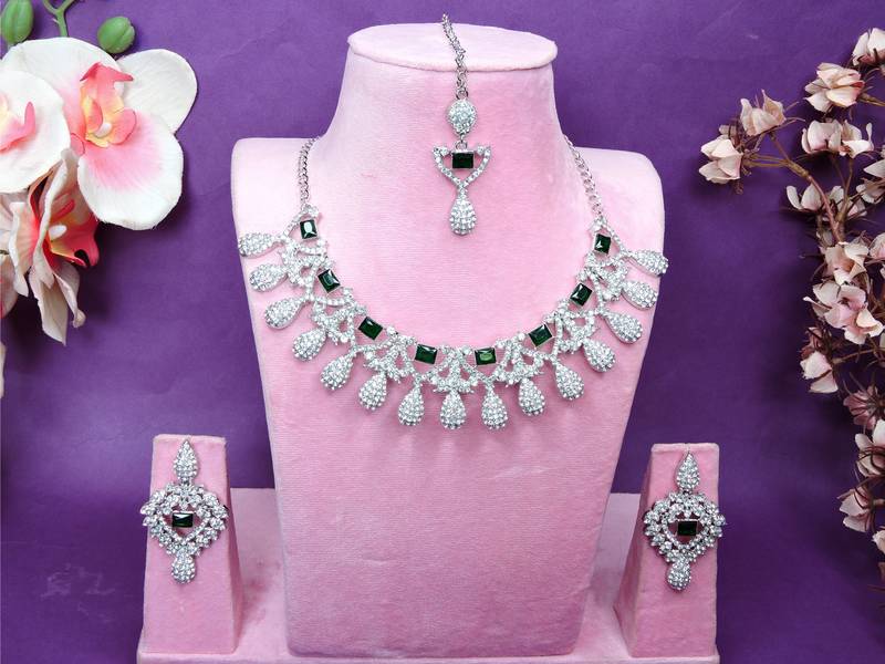 Green rhodium premium designer american diamond and stone work necklace set