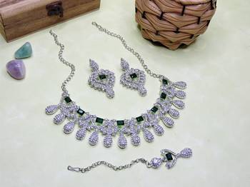 Green rhodium premium designer american diamond and stone work necklace set 2