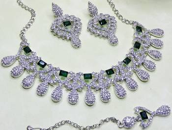 Green rhodium premium designer american diamond and stone work necklace set 3
