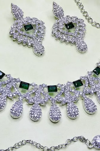 Green rhodium premium designer american diamond and stone work necklace set