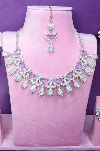 Purple rhodium premium designer american diamond and stone work necklace set