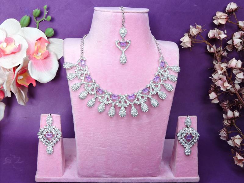 Purple rhodium premium designer american diamond and stone work necklace set