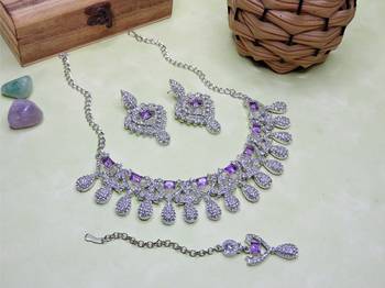 Purple rhodium premium designer american diamond and stone work necklace set 2