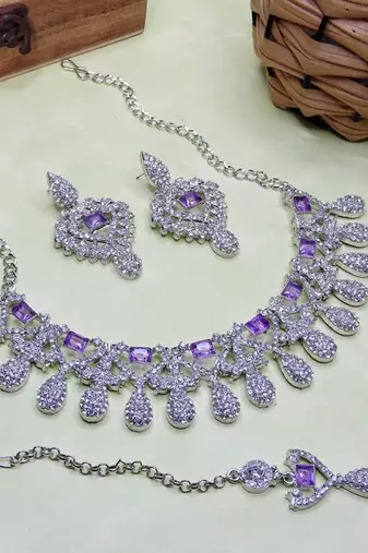 Purple rhodium premium designer american diamond and stone work necklace set
