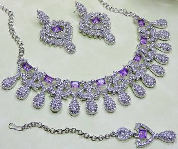 Purple rhodium premium designer american diamond and stone work necklace set 3