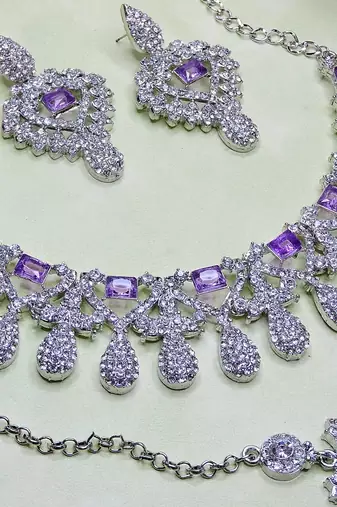 Purple rhodium premium designer american diamond and stone work necklace set