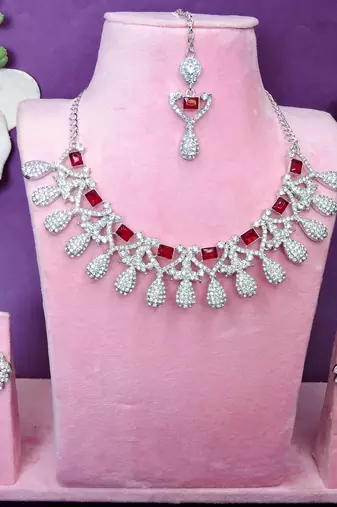 Maroon rhodium premium designer american diamond and stone work necklace set