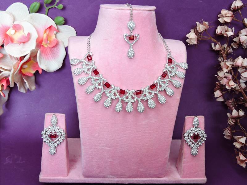 Maroon rhodium premium designer american diamond and stone work necklace set