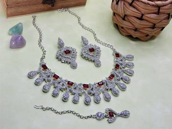Maroon rhodium premium designer american diamond and stone work necklace set 2