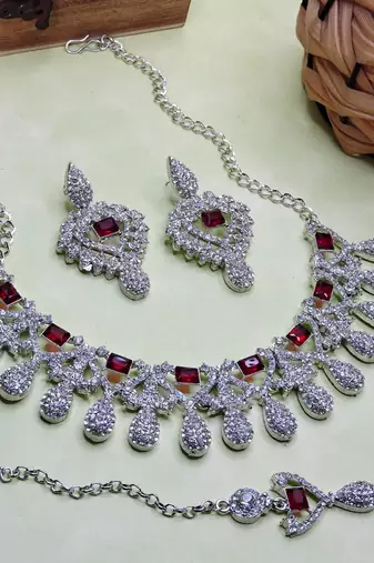 Maroon rhodium premium designer american diamond and stone work necklace set
