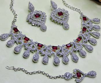 Maroon rhodium premium designer american diamond and stone work necklace set 3