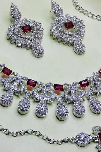 Maroon rhodium premium designer american diamond and stone work necklace set