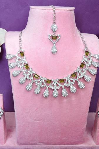 Green rhodium premium designer american diamond and stone work necklace set