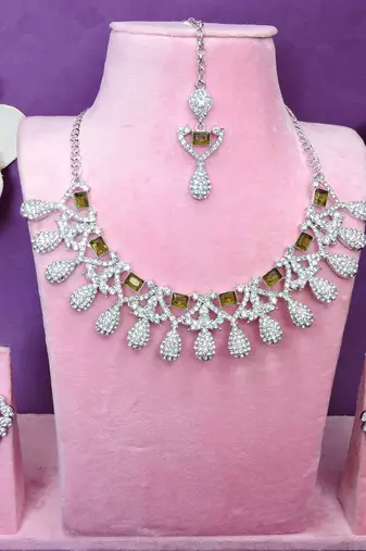 Green rhodium premium designer american diamond and stone work necklace set