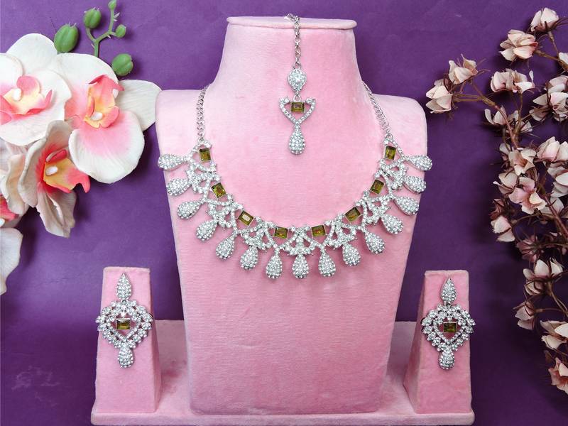 Green rhodium premium designer american diamond and stone work necklace set