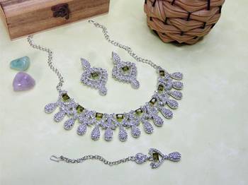 Green rhodium premium designer american diamond and stone work necklace set 2