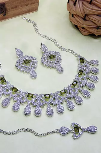 Green rhodium premium designer american diamond and stone work necklace set
