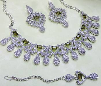 Green rhodium premium designer american diamond and stone work necklace set 3