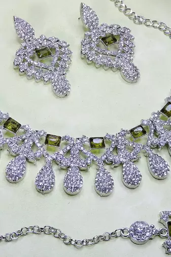 Green rhodium premium designer american diamond and stone work necklace set