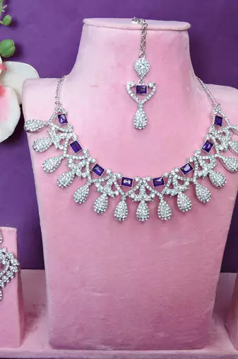 Blue rhodium premium designer american diamond and stone work necklace set