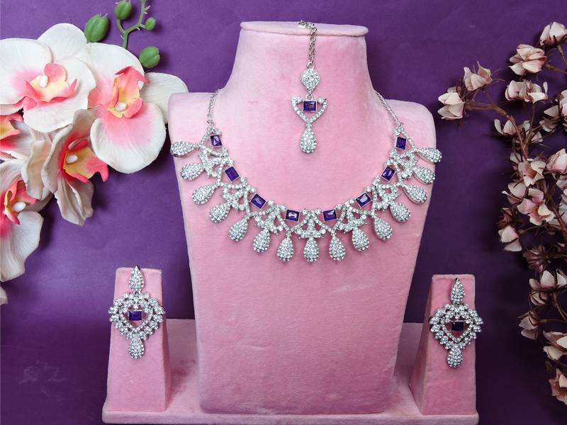Blue rhodium premium designer american diamond and stone work necklace set