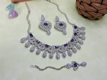 Blue rhodium premium designer american diamond and stone work necklace set 2
