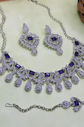 Blue rhodium premium designer american diamond and stone work necklace set
