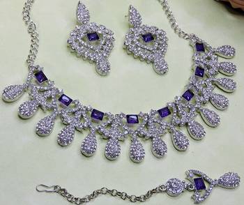 Blue rhodium premium designer american diamond and stone work necklace set 3