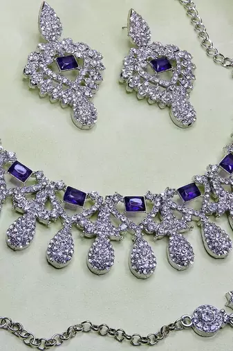 Blue rhodium premium designer american diamond and stone work necklace set