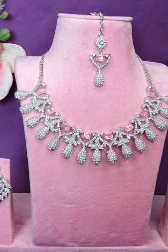 Pink rhodium premium designer american diamond and stone work necklace set