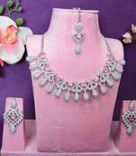 Pink rhodium premium designer american diamond and stone work necklace set