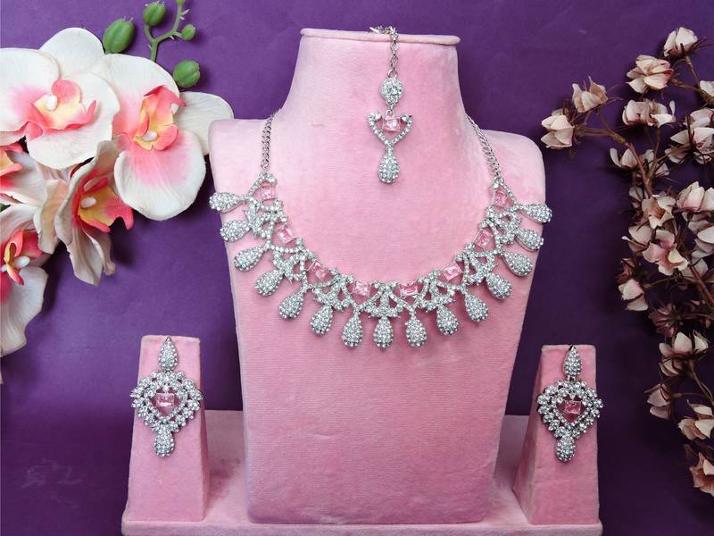 Pink rhodium premium designer american diamond and stone work necklace set