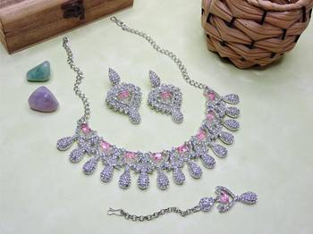 Pink rhodium premium designer american diamond and stone work necklace set 2
