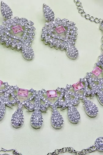 Pink rhodium premium designer american diamond and stone work necklace set