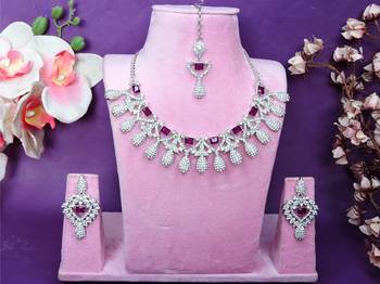 Purple rhodium premium designer american diamond and stone work necklace set 1