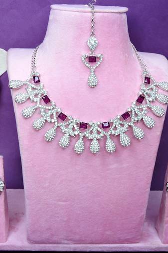 Purple rhodium premium designer american diamond and stone work necklace set