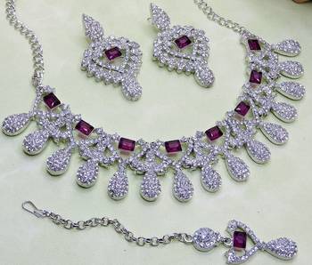 Purple rhodium premium designer american diamond and stone work necklace set 3