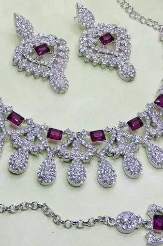 Purple rhodium premium designer american diamond and stone work necklace set