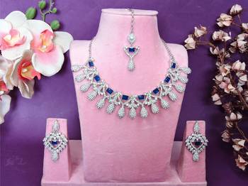 Blue rhodium premium designer american diamond and stone work necklace set 1