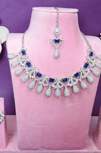 Blue rhodium premium designer american diamond and stone work necklace set