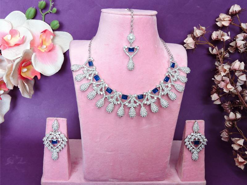 Blue rhodium premium designer american diamond and stone work necklace set