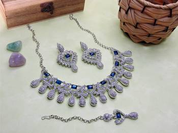 Blue rhodium premium designer american diamond and stone work necklace set 2